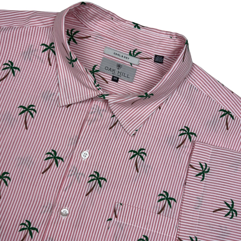 Oak Hill Cool & Dry Shirt Mens 3XL Pink Palm Tree Striped Button Up Hawaiian
